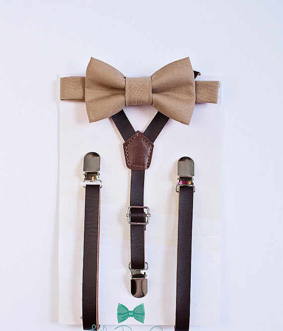 Beige Bow Tie Brown Leather Suspenders - Boys To Adult Sizes