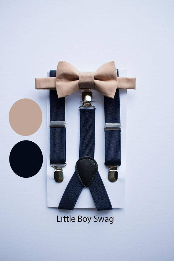 Beige Bow Tie Navy Suspenders - Toddler To Adult Sizes