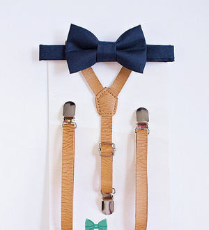 Boys Navy Bow Tie Beige Leather Suspenders - Boys To Adult Sizes