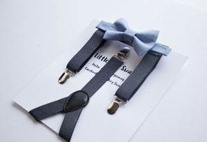 Dusty Blue Bow Tie Charcoal Suspenders Boys - Adult Sizes