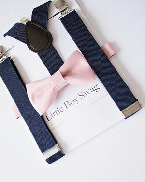 Dusty Rose Bow Tie Navy Suspenders -Toddler To Adult Sizes