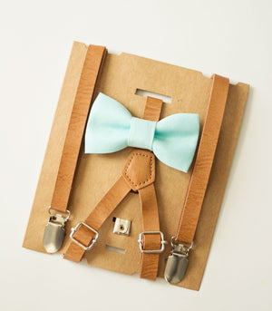 Mint Bow Tie Tan Leather Suspenders Set - Toddler To Adult Sizes