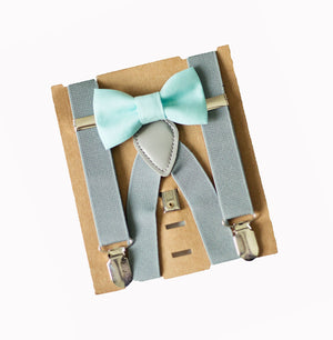 Mint Green Bow Tie Grey Suspenders Set - Toddler To Adult Sizes