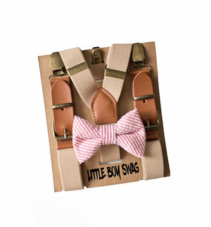 Coral Bow Tie Beige Leather Suspenders - Toddler To Adult Sizes