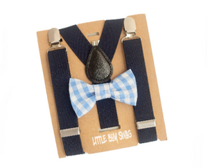 Light Blue Checked Bow Tie Navy Suspenders - Boys To Adult Sizes