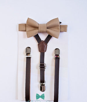 Beige Bow Tie Brown Leather Suspenders - Boys To Adult Sizes
