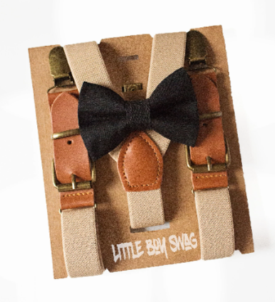 Black Bow Tie Beige Leather Buckle Suspenders - Newborn To Adult Sizes