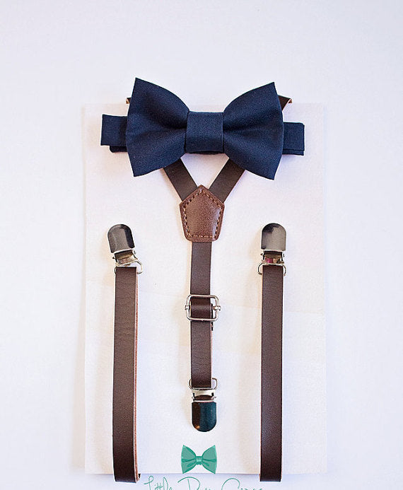 Leather Suspenders Navy Bow Tie Set - Newborn To Adult Sizes