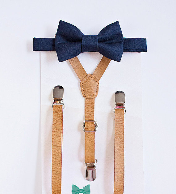 Boys Navy Bow Tie Beige Leather Suspenders - Boys To Adult Sizes