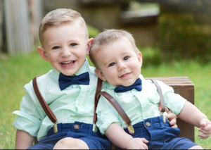 Dark Brown Leather Suspenders and Navy Bow Tie - Boys To Adult Sizes