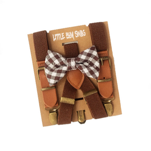 Brown Gingham Bow Tie Leather Buckle Suspenders - Boys To Adult Sizes
