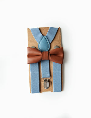 Brown Leather Bow Tie Dusty Blue Suspenders - Teen To Adult Sizes
