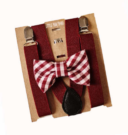 Burgundy Gingham Bow Tie Suspenders - Newborn To Adult Sizes