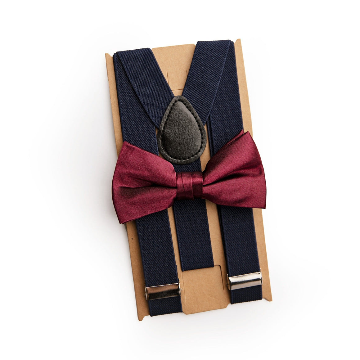 Burgundy Satin Bow Tie Navy Suspenders - Infant To Adult Sizes