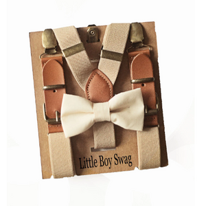 Champagne Bow Tie Beige Leather Buckle Suspenders - Boys To Adult Sizes
