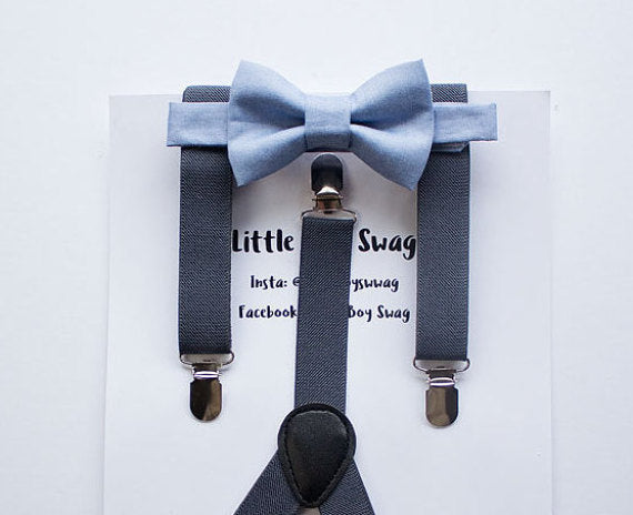Dusty Blue Bow Tie Charcoal Suspenders Boys - Adult Sizes