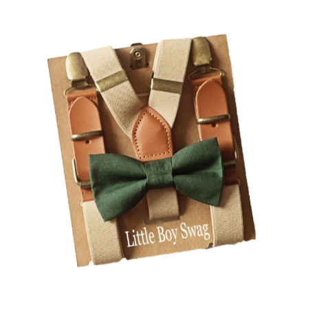 Hunter Green Bow Tie Beige Leather Buckle Suspenders - Newborn To Adult Sizes