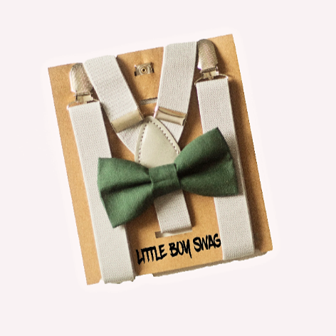 Hunter Green Bow Tie Light Grey Suspender - Newborn To Adult Sizes