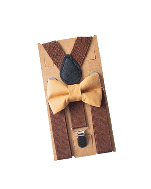 Mustard yellow bow tie and brown suspenders for toddlers up to adult sizes