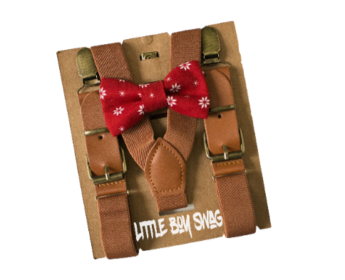 Red Snowflake Bow Tie Brown Leather Buckle Suspenders - Boys To Adult Sizes