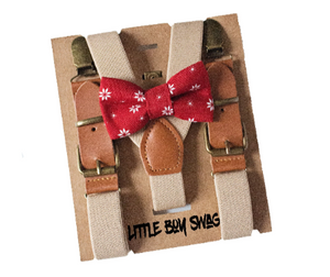 Red Snowflake Bow Tie Beige Leather Buckle Suspenders - Boys To Adult Sizes