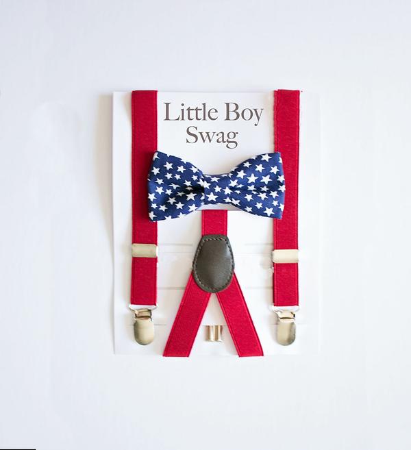 Blue White Star Bow Tie Red Suspender - Boys To Men Sizes