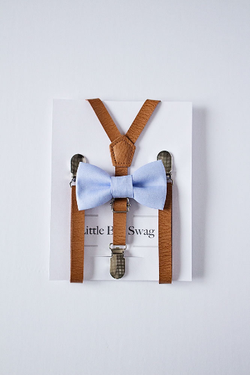 Dusty Blue Bow Tie Tan Leather Suspenders - Toddler To Adult Sizes