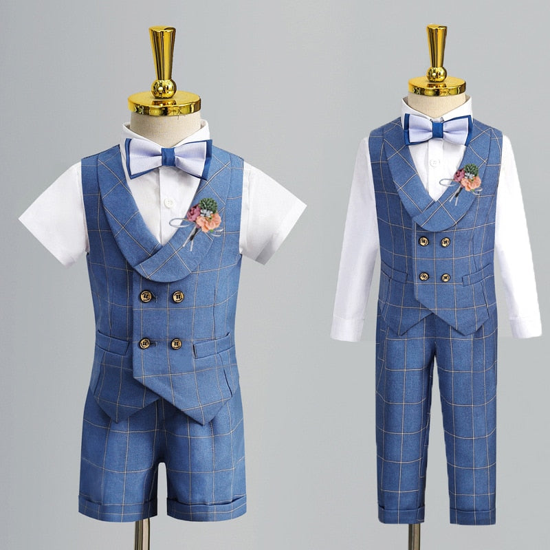 Blue Plaid Boys Suit, Vest, Pants, Shirt - Fits 12 Months To 12 Years