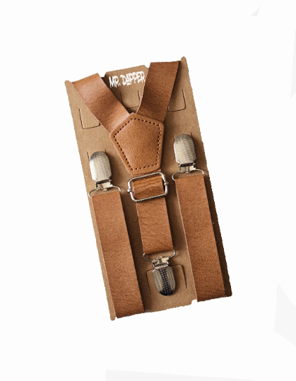 Tan Beige Leather Suspenders - Newborn To Adult Sizes