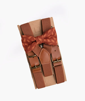 Cinnamon Bow Tie Brown Leather Buckle Suspenders - Toddler To Adult Sizes