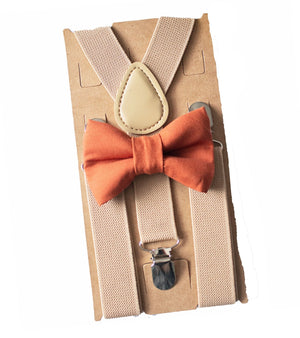 Burnt Orange Bow Tie Beige Suspenders - Newborn To Adult Sizes