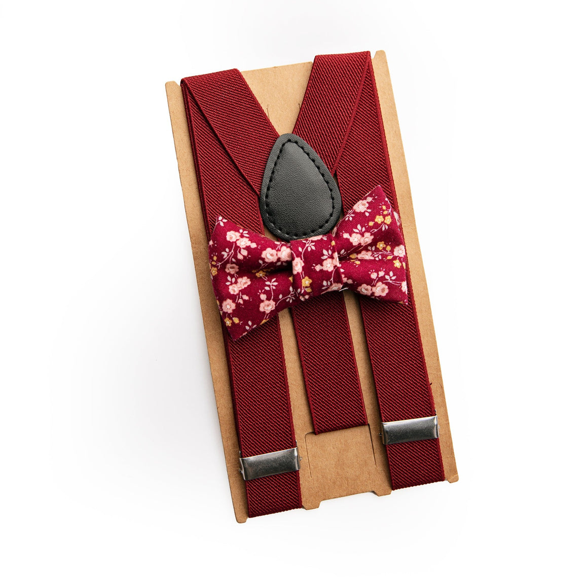 Burgundy Floral Bow Tie Suspenders Set Newborn - Adult Sizes