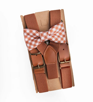 Cinnamon Checkered Bow Tie Brown Leather Suspenders - Newborn To Adult Sizes