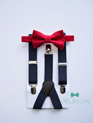 Red Bow Tie Navy Suspenders Set - Toddler To Adult Sizes