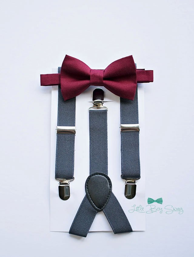 Burgundy Bow Tie Charcoal Suspenders - Boys To Adult Sizes