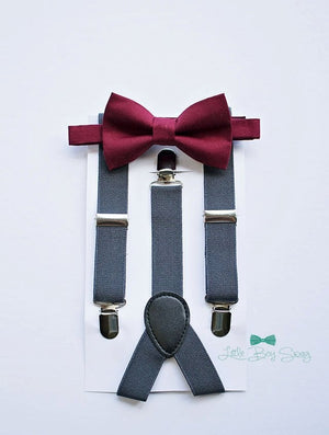 Burgundy Bow Tie Charcoal Suspenders - Boys To Men Sizes