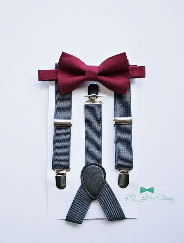 Burgundy Bow Tie Charcoal Suspenders Set - Boys To Adult Sizes