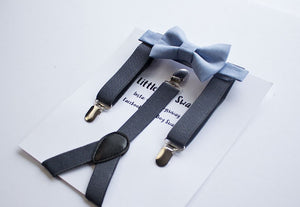 Dusty Blue Bow Tie Dark Grey Suspenders Set - Toddler To Adult Sizes