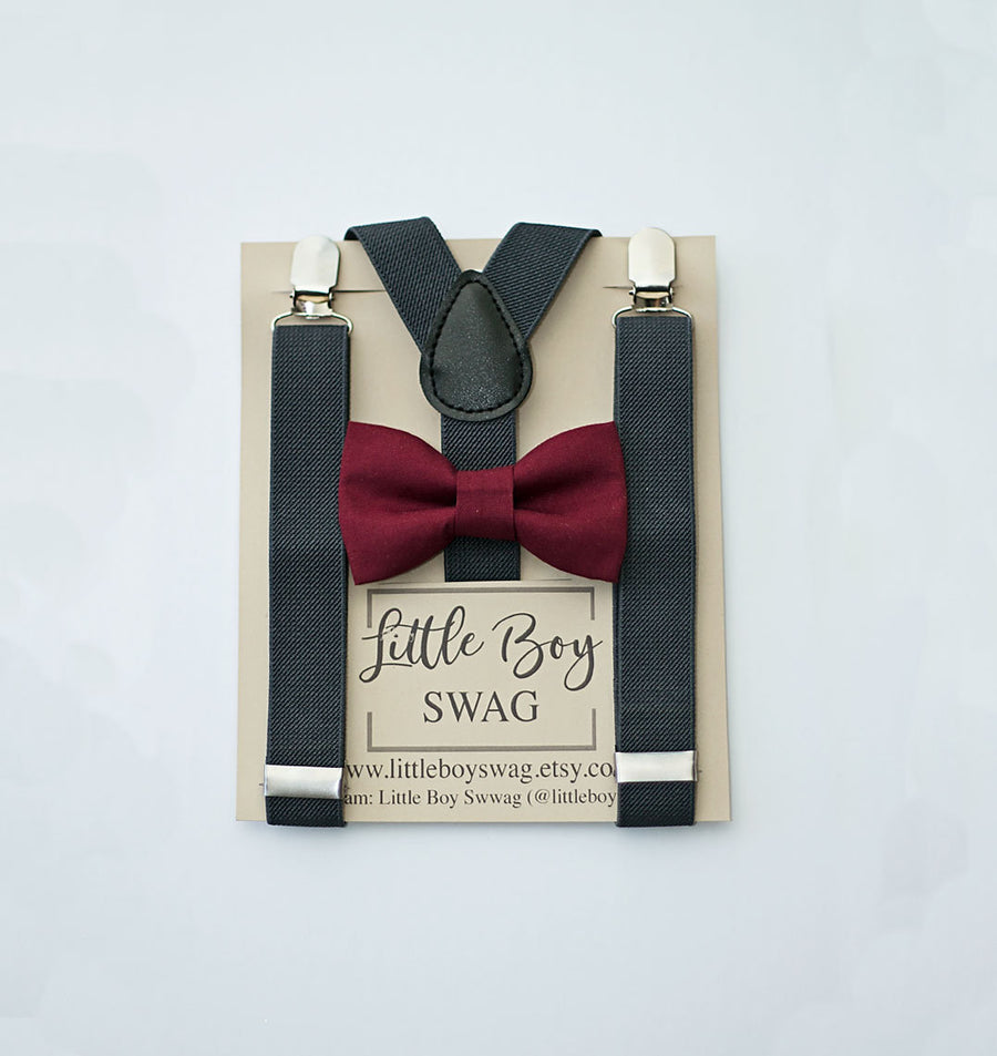 Burgundy Bow Tie Charcoal Suspenders Set - Toddler To Adult Sizes