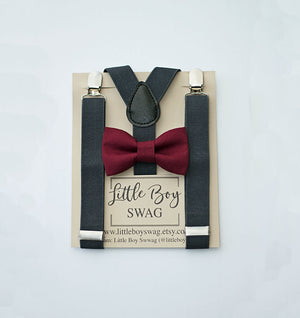 Wine Bow Tie Charcoal Grey Suspenders Set - Newborn To Adult Sizes