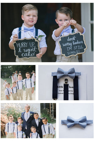 Dusty Blue Bow Tie Navy Suspenders Set - Toddler To Adult Sizes