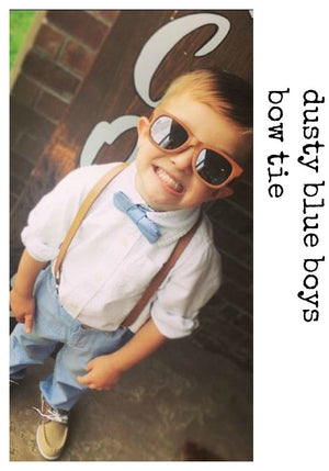 Dusty Blue Bow Tie Tan Leather Suspenders Set - Newborn To Adult Sizes