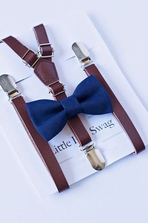 Navy Bow Tie Dark Brown Leather Suspenders Set - Newborn To Adult Sizes