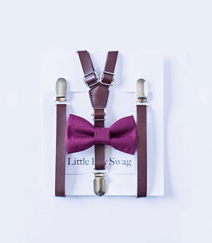 Brown Leather Suspenders Wine Bow Tie Set - Boys To Adult Sizes