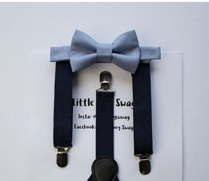 Dusty Blue Bow Tie Navy Suspenders Set - Toddler To Adult Sizes