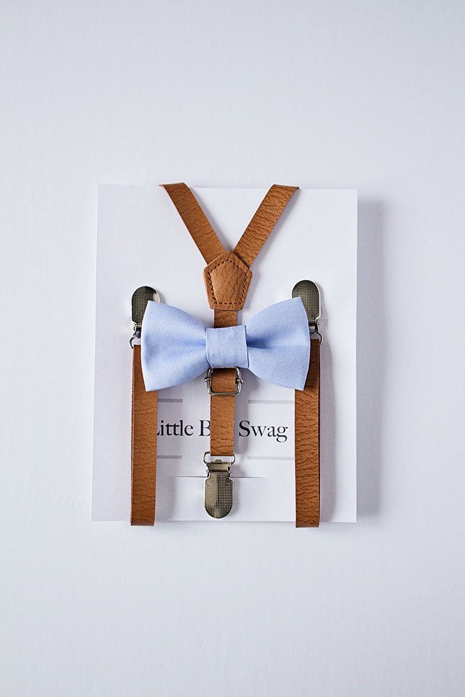 Tan Leather Suspenders Dusty Blue Bow Tie Set - Boys To Adult Sizes
