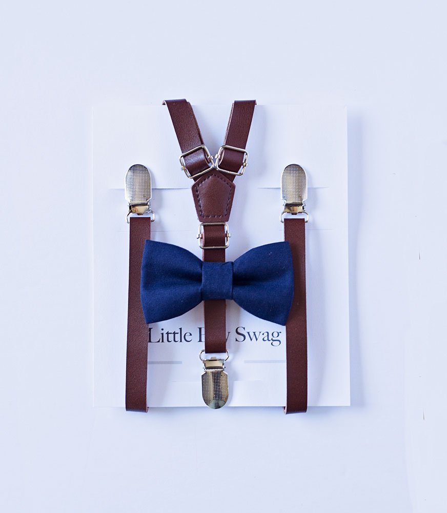 Navy Bow Tie Dark Brown Leather Suspenders Set - Newborn To Adult Sizes