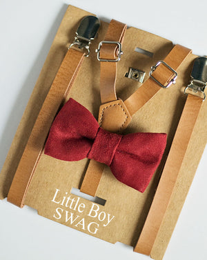 Tan Leather Suspenders Burgundy Bow Tie Set - Newborn To Adult Sizes