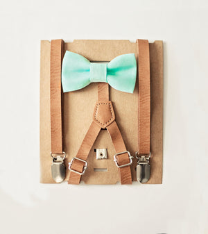 Mint Bow Tie Tan Leather Suspenders Set - Toddler To Adult Sizes