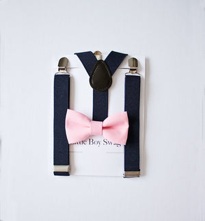 Blush Bow Tie Navy Suspenders - Newborn To Adult Sizes